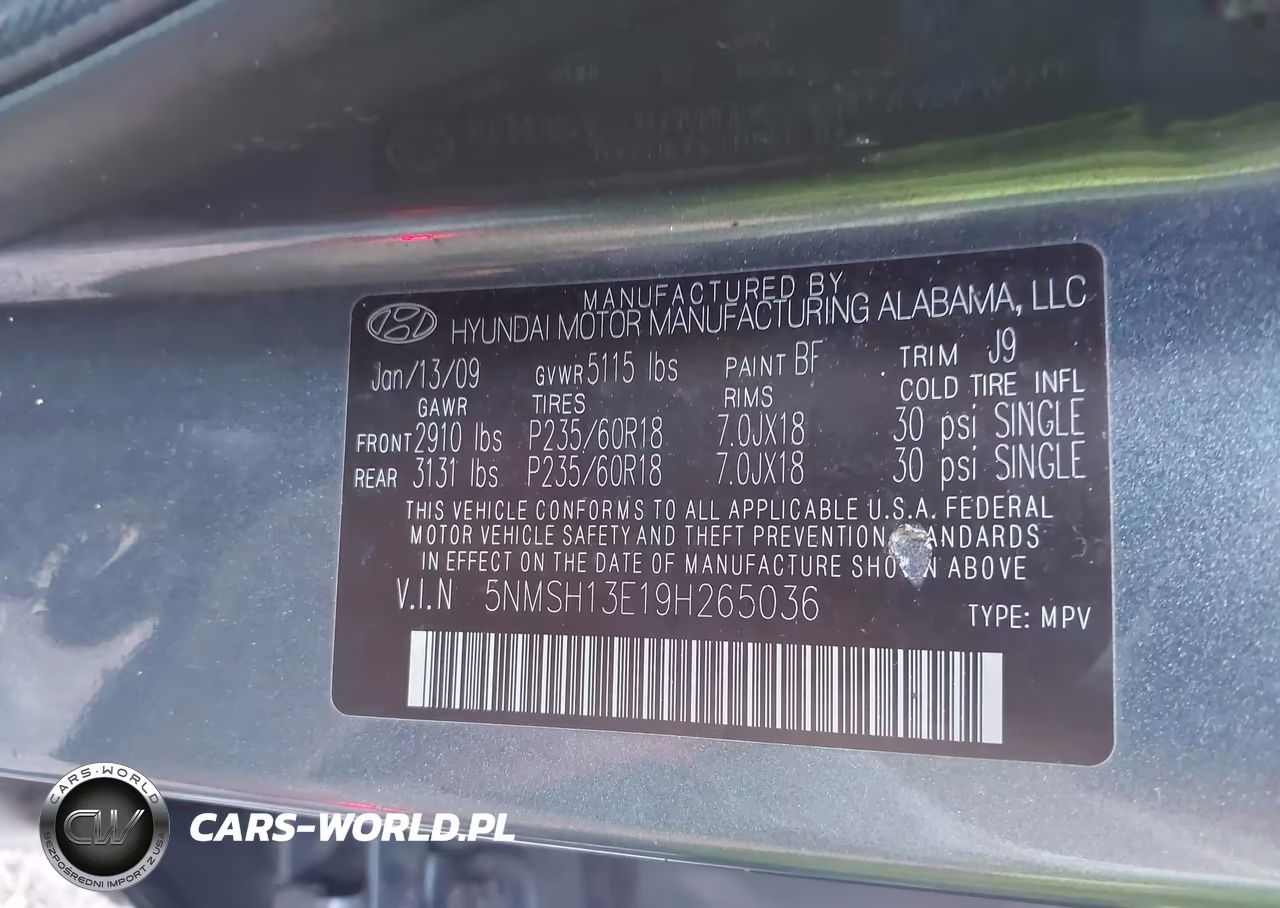 2009 Hyundai Santa Fe Limited VIN:5NMSH13E19H265036 - 9