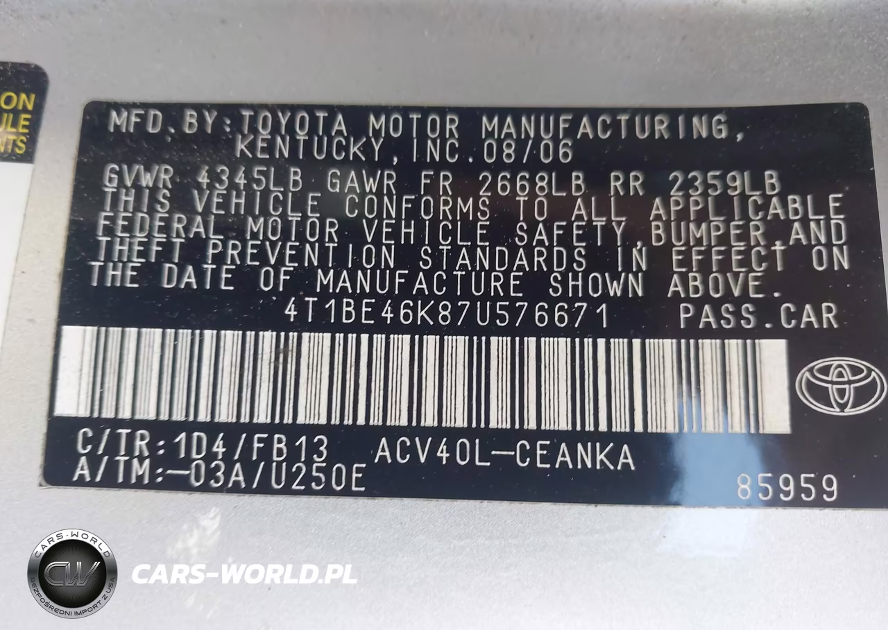 2007 Toyota Camry Le VIN:4T1BE46K87U576671 - 9