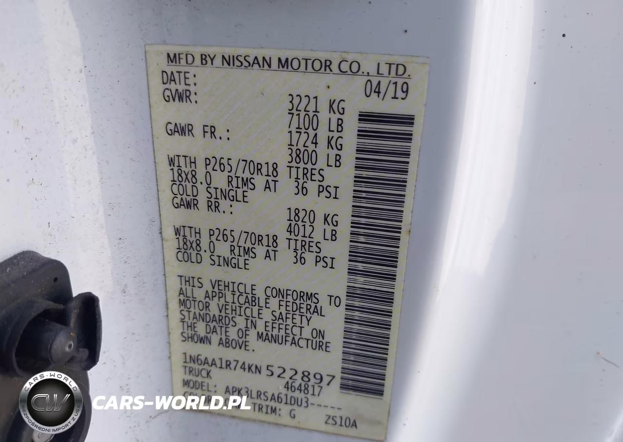 2019 Nissan Titan S VIN:1N6AA1R74KN522897 - 9