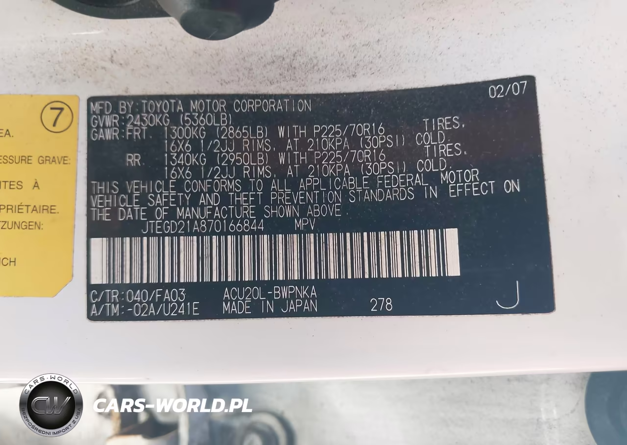 2007 Toyota Highlander VIN:JTEGD21A870166844 - 9
