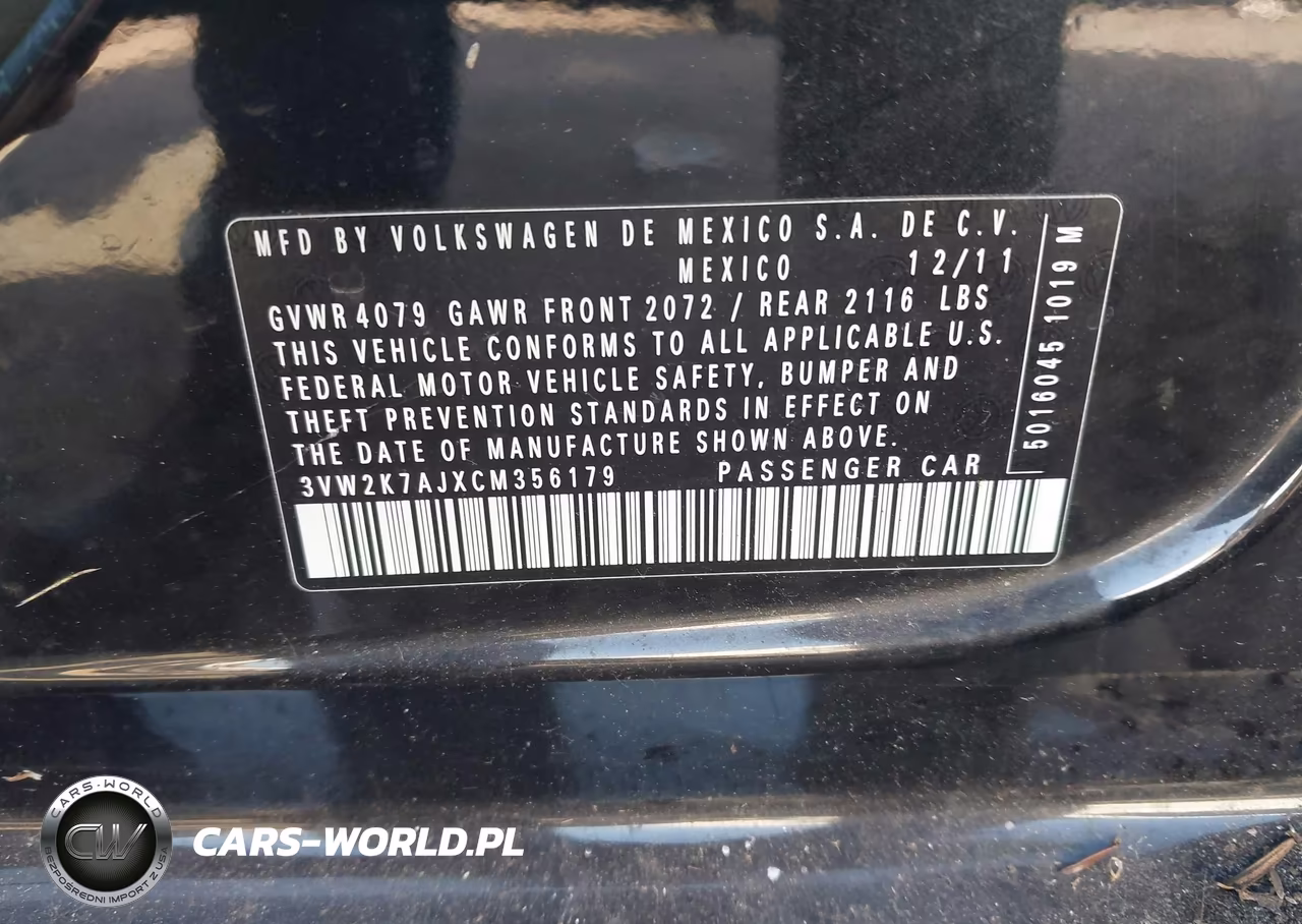 2012 Volkswagen Jetta 2.0L S VIN:3VW2K7AJXCM356179 - 9
