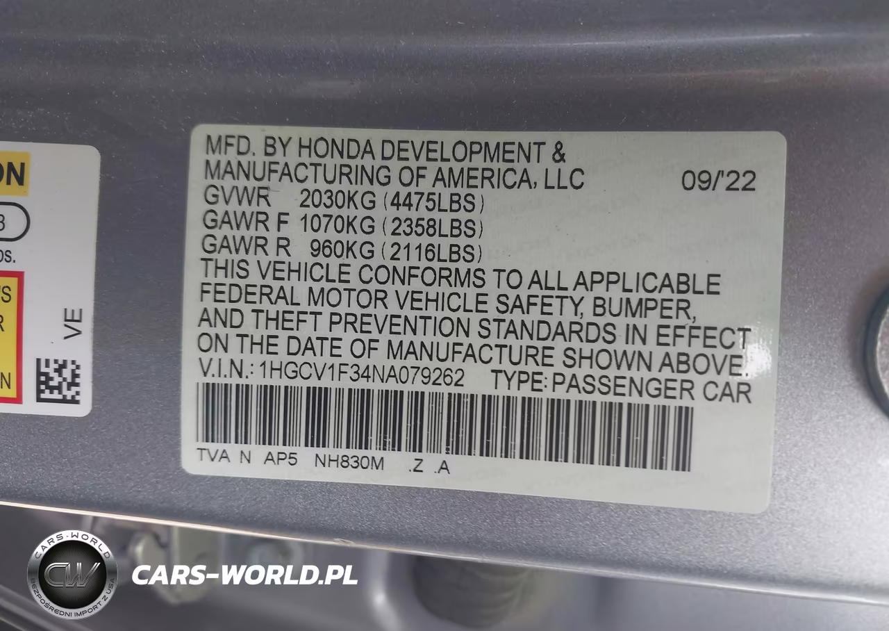 2022 Honda Accord Sport VIN:1HGCV1F34NA079262 - 9