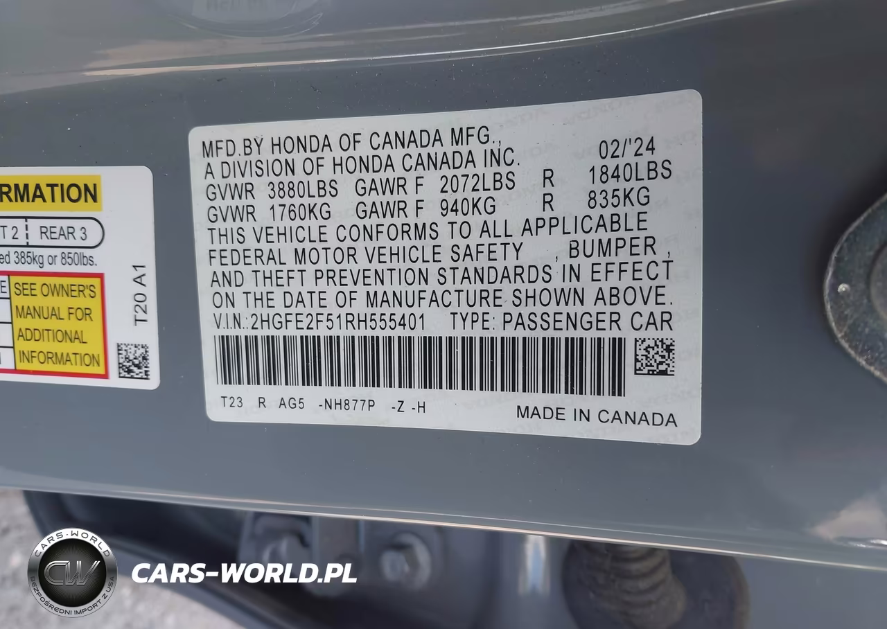 2024 Honda Civic Sport VIN:2HGFE2F51RH555401 - 9