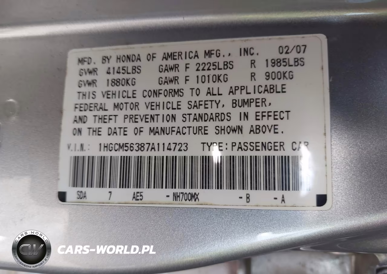 2007 Honda Accord 2.4 Se VIN:1HGCM56387A114723 - 9