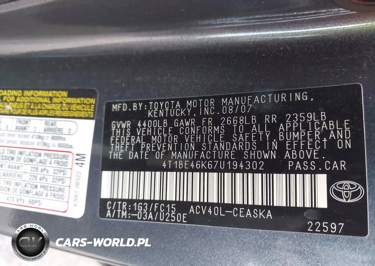 2007 Toyota Camry Se VIN:4T1BE46K67U194302 - 9