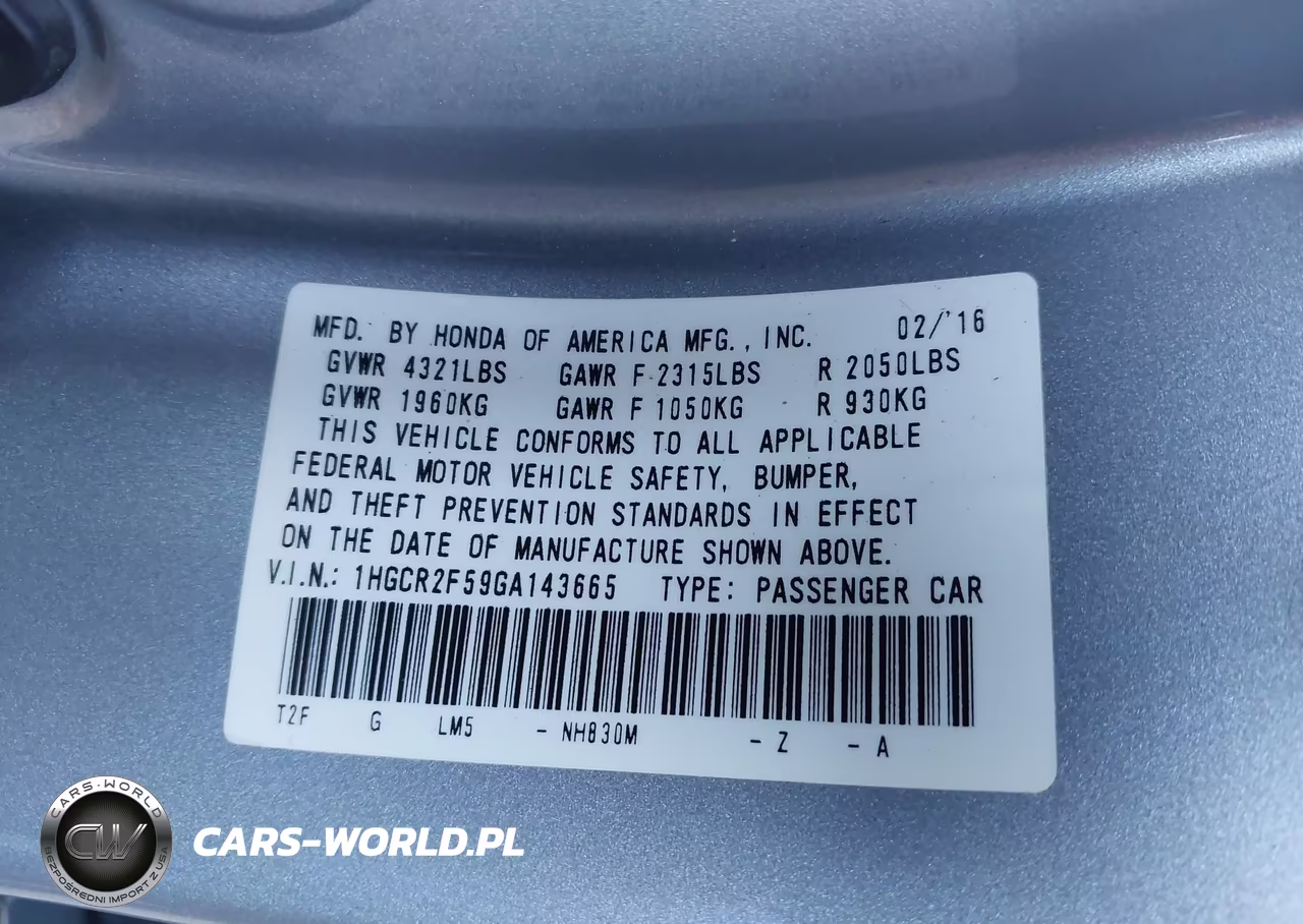 2016 Honda Accord Sport VIN:1HGCR2F59GA143665 - 9