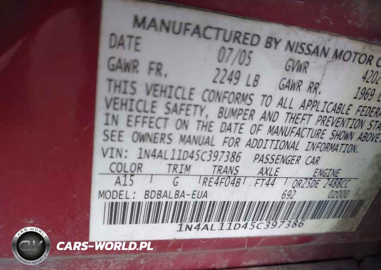 2005 Nissan Altima 2.5 S VIN:1N4AL11D45C397386 - 9