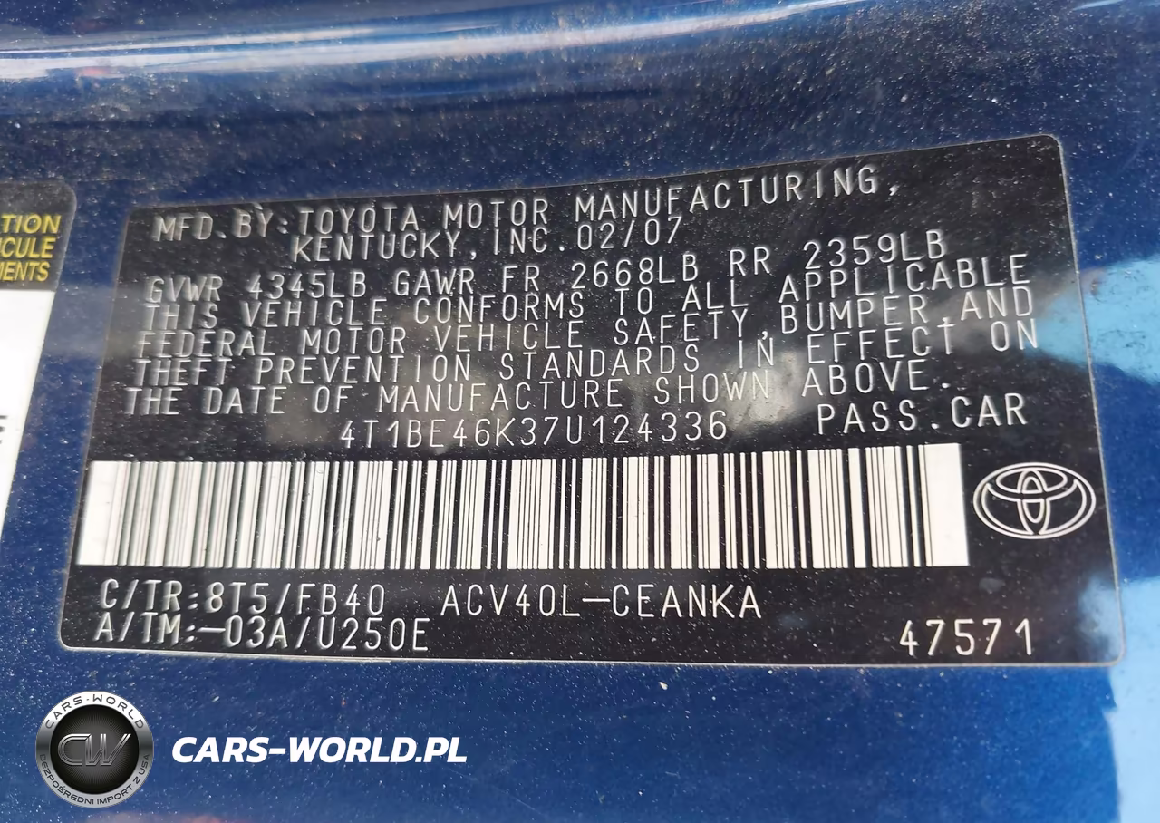 2007 Toyota Camry Le VIN:4T1BE46K37U124336 - 9