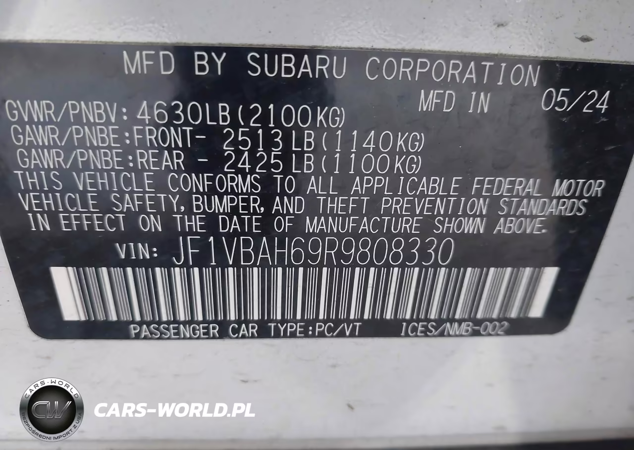 2024 Subaru Wrx Premium VIN:JF1VBAH69R9808330 - 9