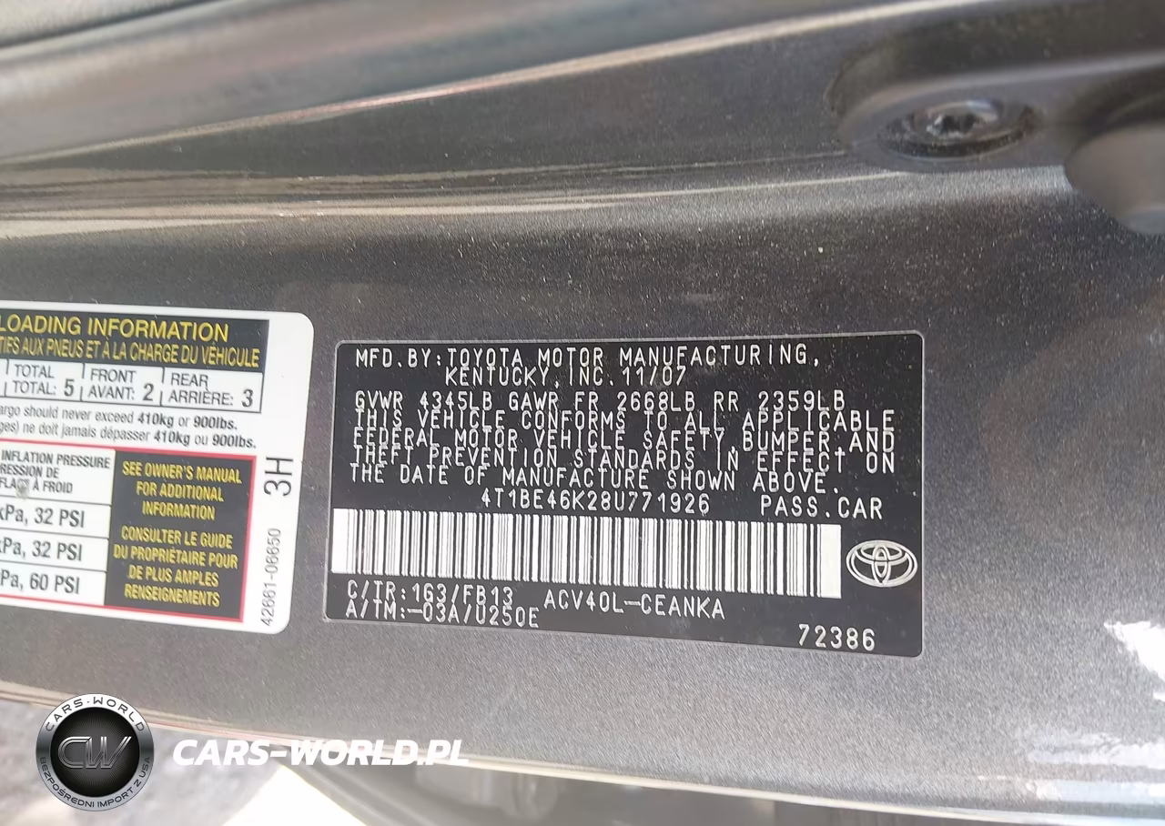 2008 Toyota Camry Le VIN:4T1BE46K28U771926 - 9