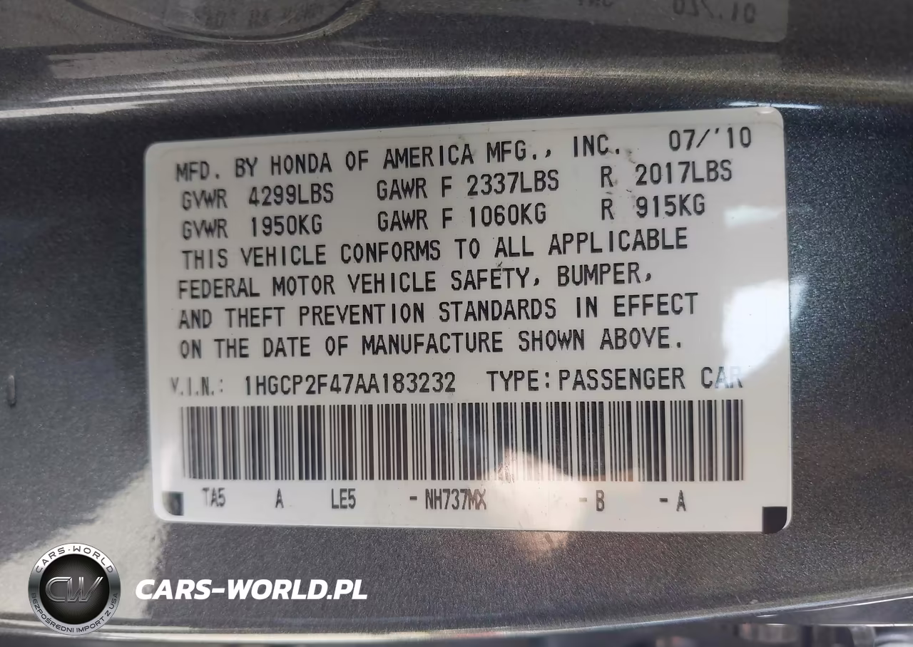 2010 Honda Accord 2.4 Lx-P VIN:1HGCP2F47AA183232 - 9
