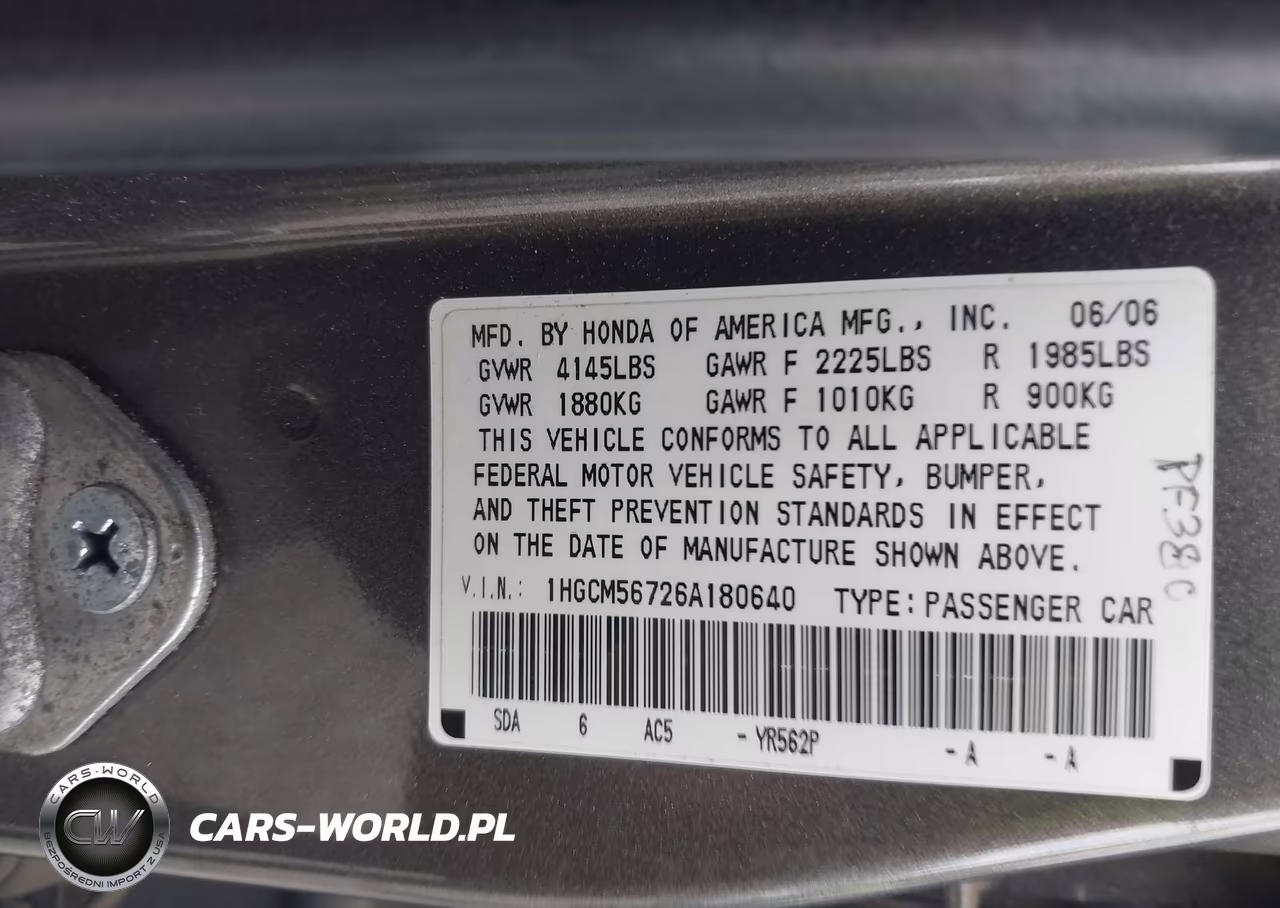2006 Honda Accord 2.4 Ex VIN:1HGCM56726A180640 - 9