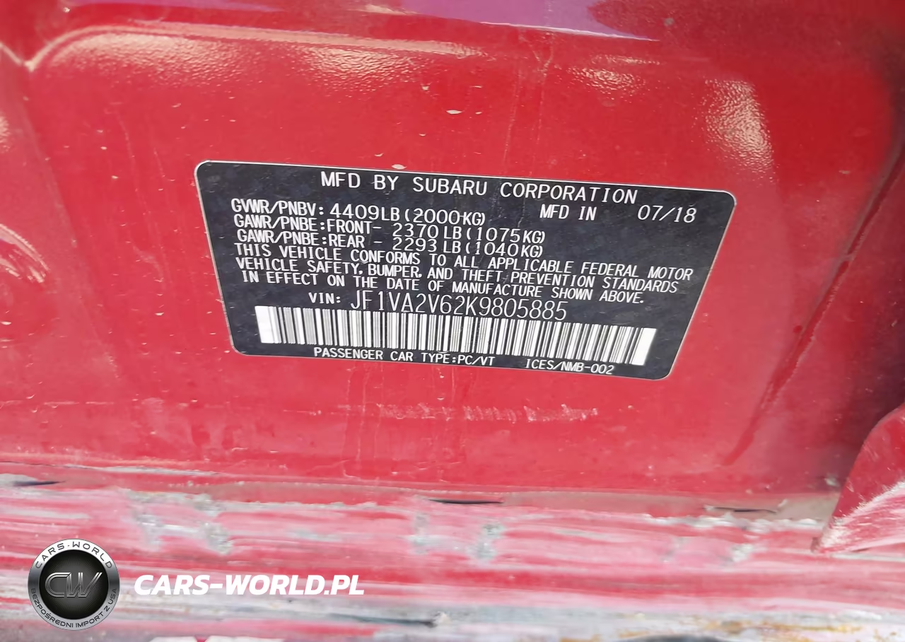 2019 Subaru Wrx Sti Limited VIN:JF1VA2V62K9805885 - 9
