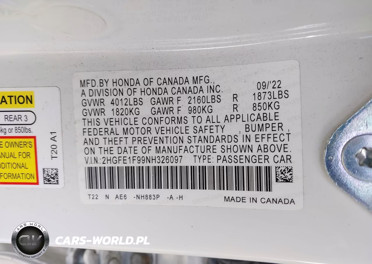 2022 Honda Civic Touring VIN:2HGFE1F99NH326097 - 9