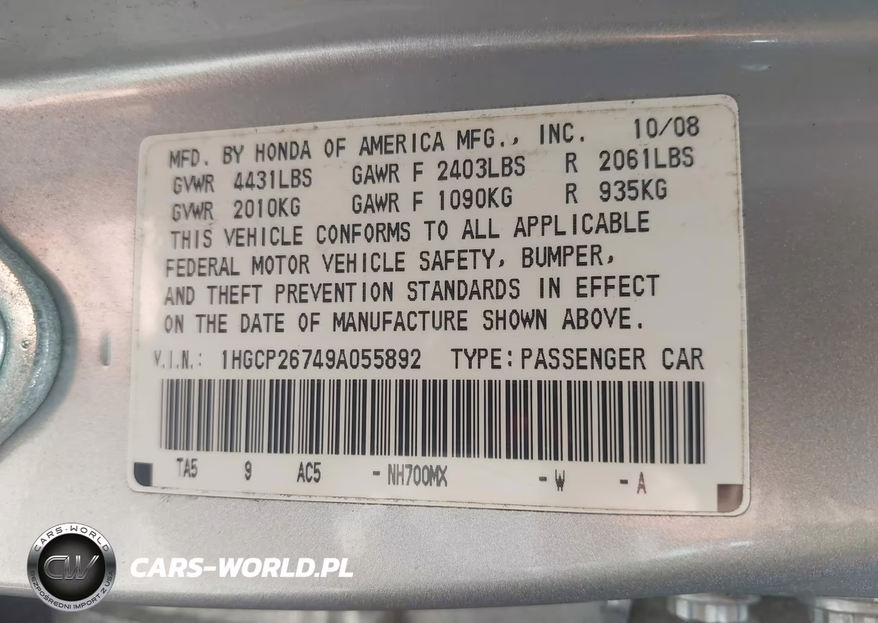 2009 Honda Accord 2.4 Ex VIN:1HGCP26749A055892 - 9
