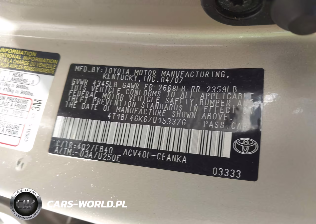 2007 Toyota Camry Ce VIN:4T1BE46K67U153376 - 9