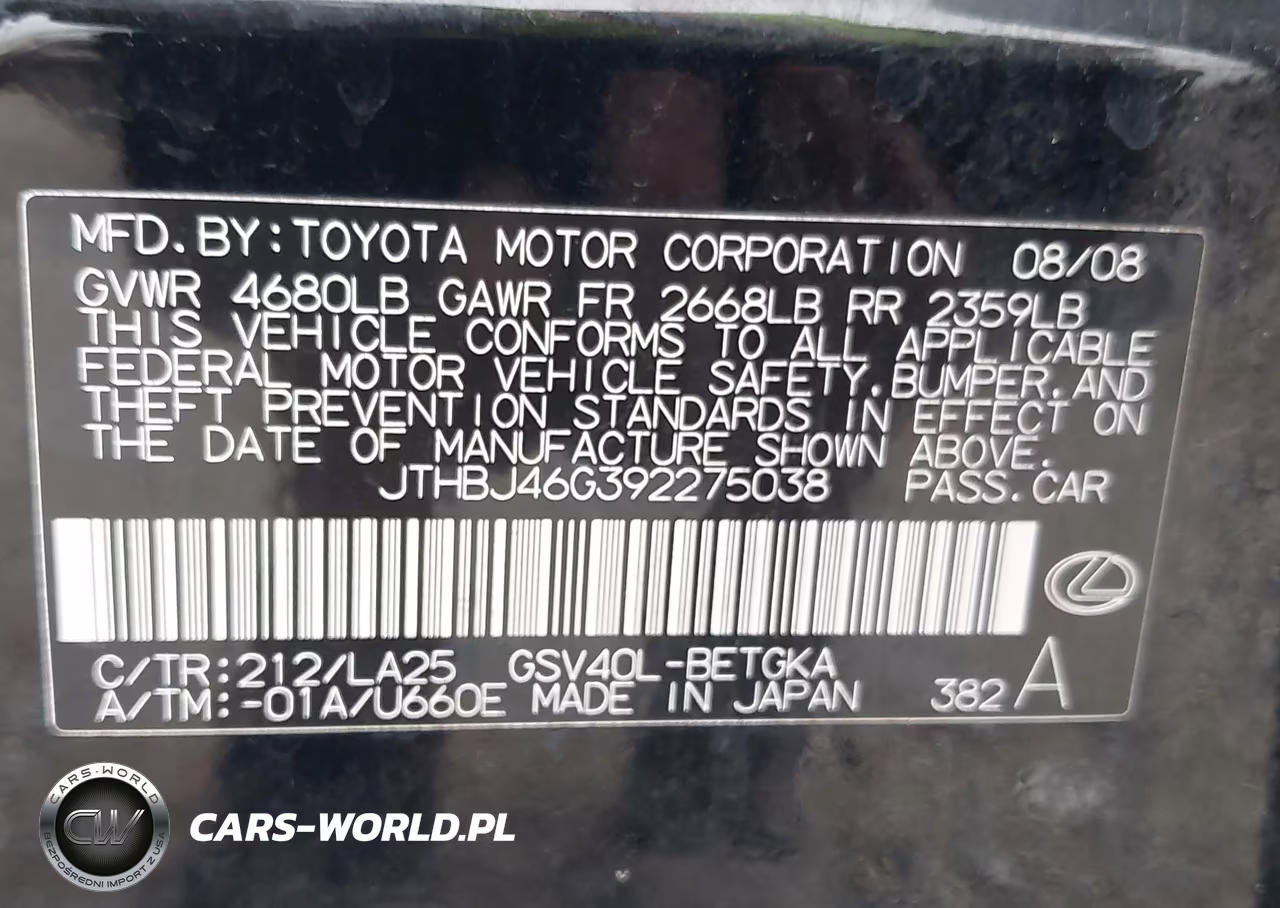 2009 Lexus Es 350 VIN:JTHBJ46G392275038 - 9