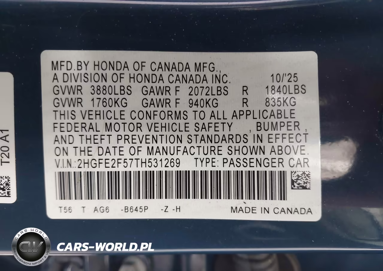 2026 Honda Civic Sport VIN:2HGFE2F57TH531269 - 9