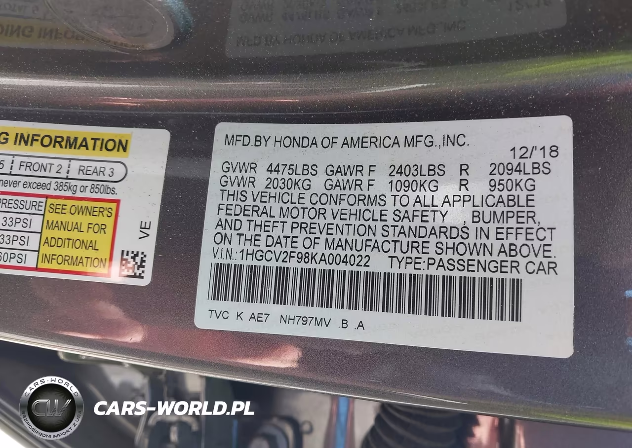 2019 Honda Accord Touring 2.0T VIN:1HGCV2F98KA004022 - 9