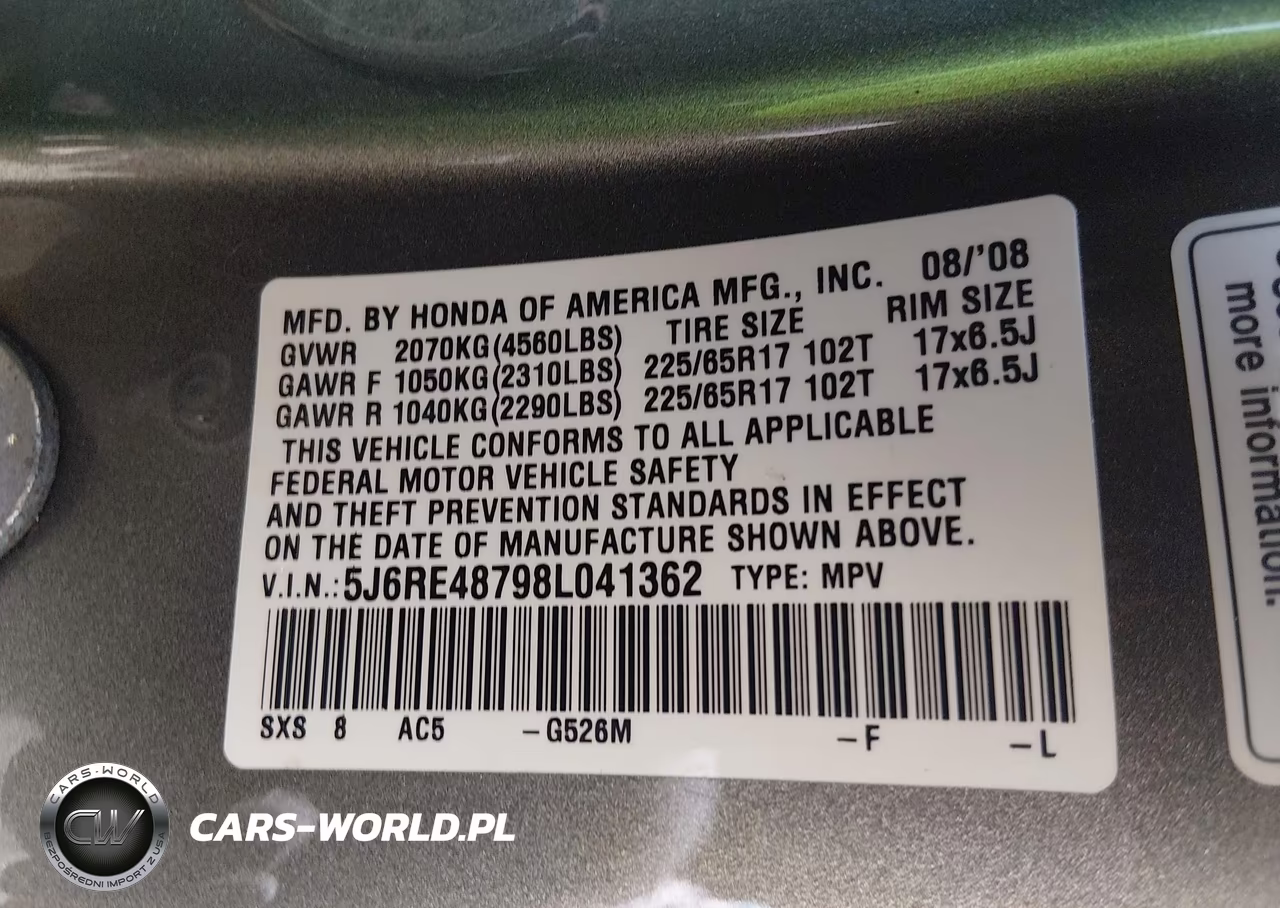2008 Honda Cr-V Ex-L VIN:5J6RE48798L041362 - 9