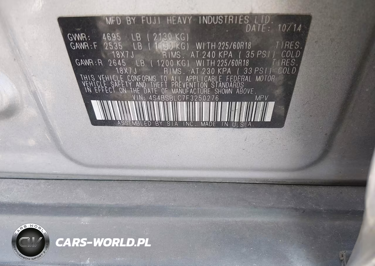 2015 Subaru Outback 2.5I Limited VIN:4S4BSBLC7F3250276 - 9