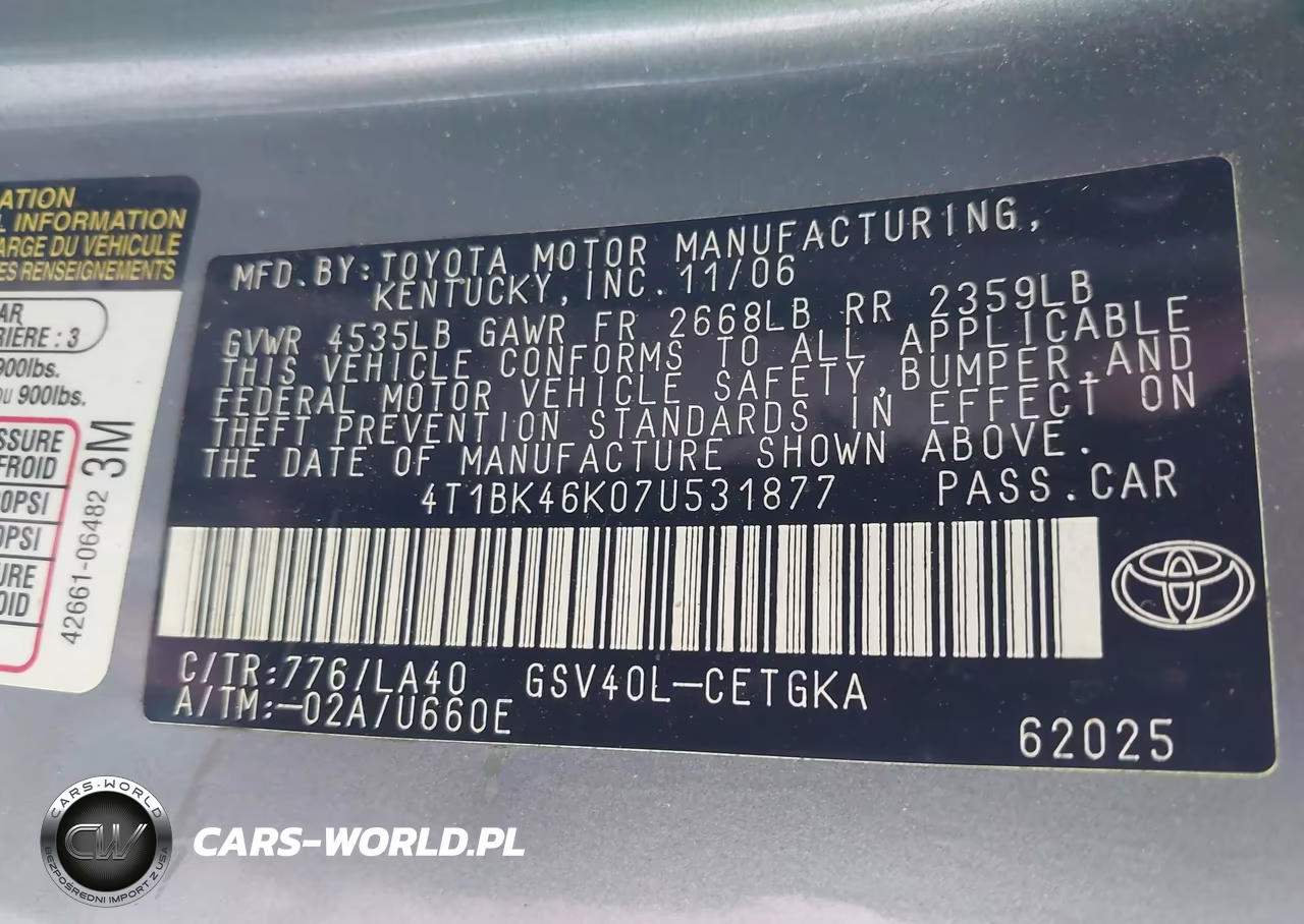 2007 Toyota Camry Xle V6 VIN:4T1BK46K07U531877 - 9