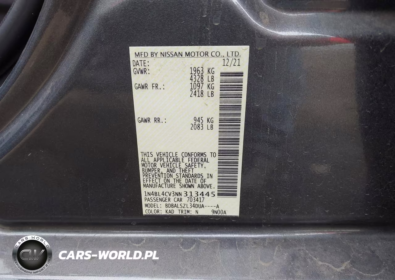 2022 Nissan Altima Sr Fwd VIN:1N4BL4CV3NN313445 - 9