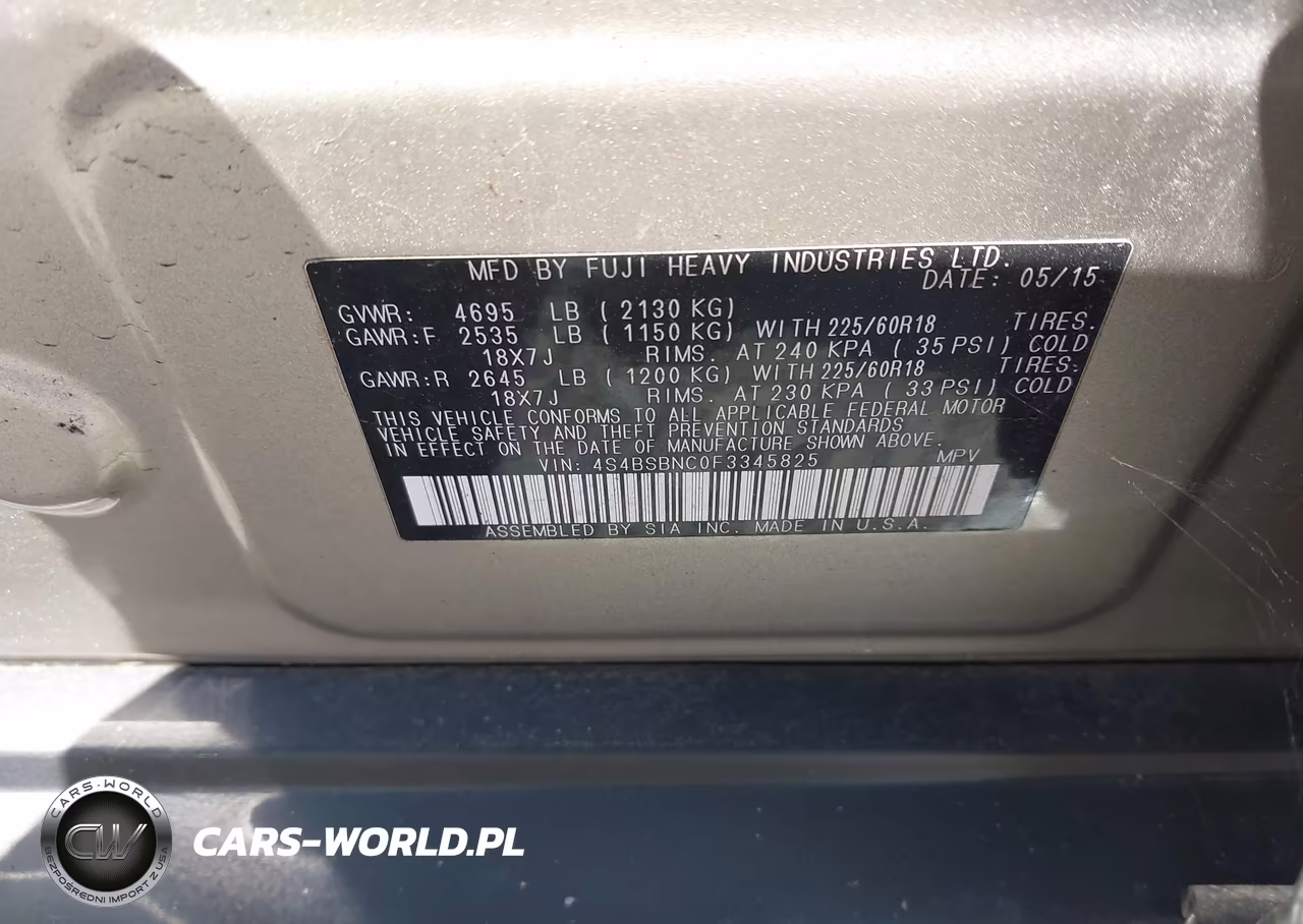 2015 Subaru Outback 2.5I Limited VIN:4S4BSBNC0F3345825 - 9