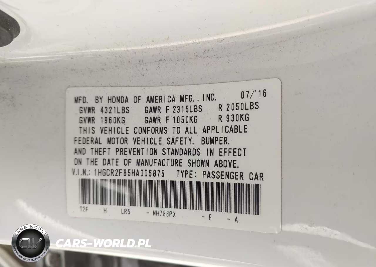 2017 Honda Accord Ex-L VIN:1HGCR2F85HA005875 - 9