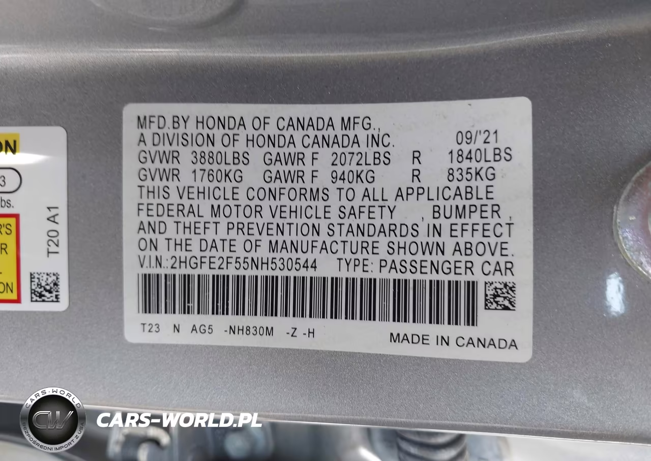 2022 Honda Civic Sport VIN:2HGFE2F55NH530544 - 9