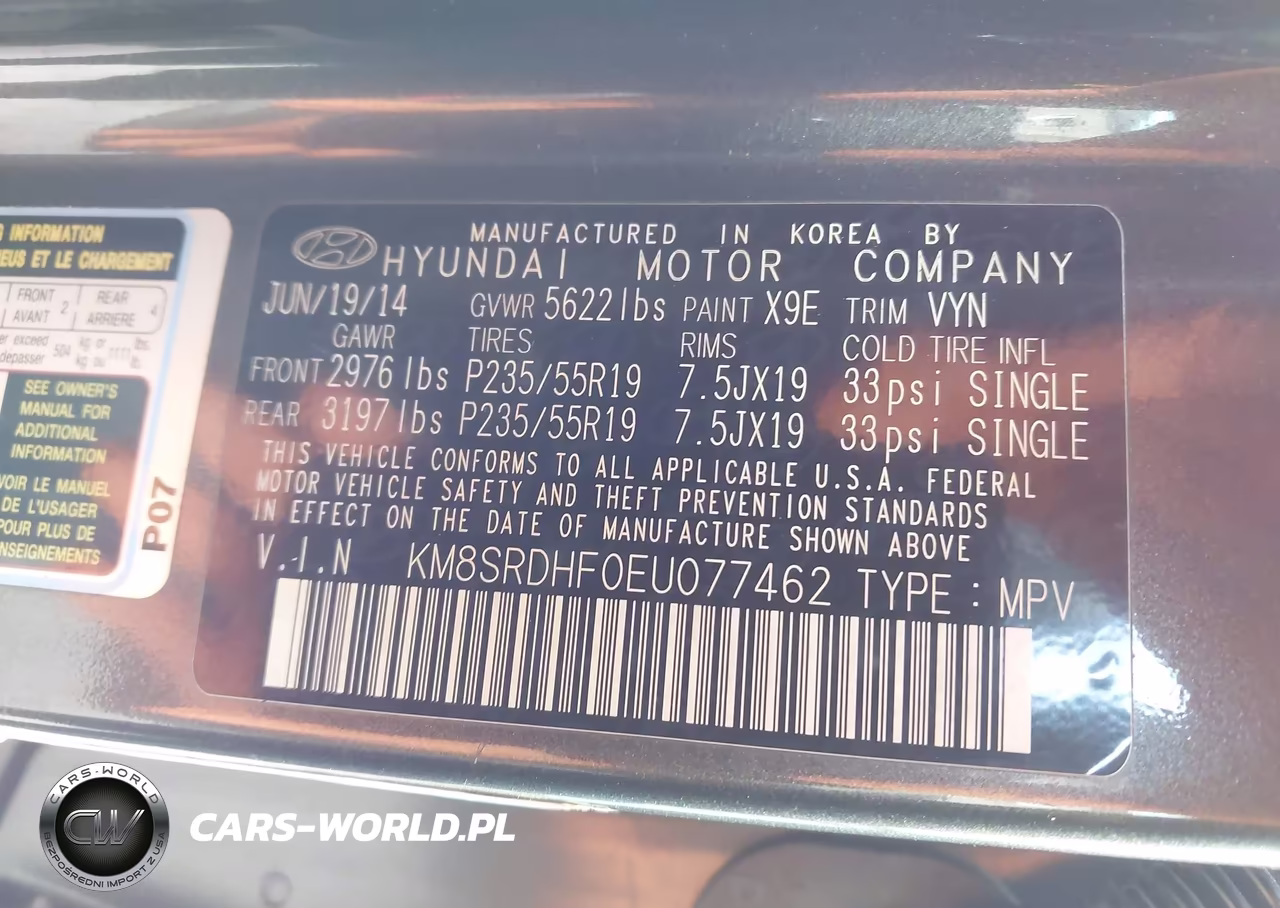 2014 Hyundai Santa Fe Limited VIN:KM8SRDHF0EU077462 - 9