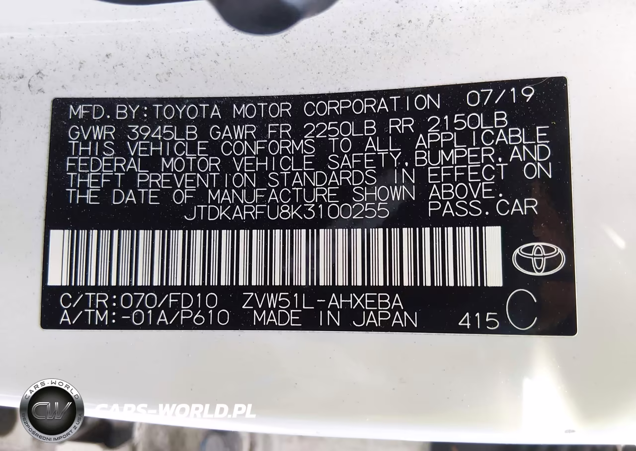 2019 Toyota Prius Le VIN:JTDKARFU8K3100255 - 9