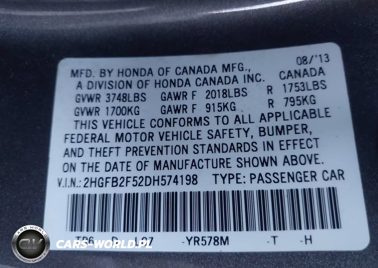 2013 Honda Civic Lx VIN:2HGFB2F52DH574198 - 9