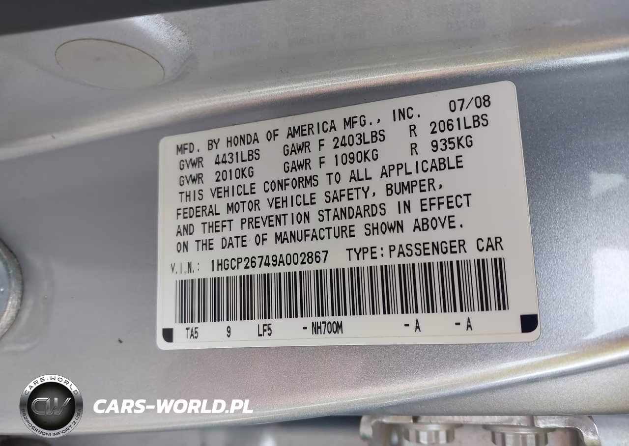 2009 Honda Accord 2.4 Ex VIN:1HGCP26749A002867 - 9