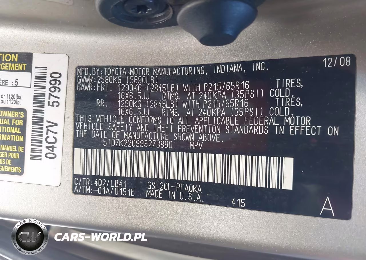 2009 Toyota Sienna Xle VIN:5TDZK22C99S273890 - 9