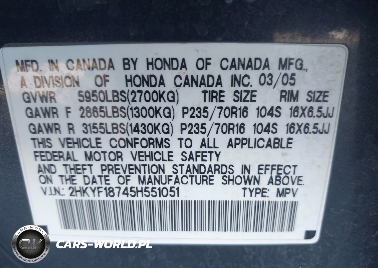 2005 Honda Pilot Ex-L VIN:2HKYF18745H551051 - 9