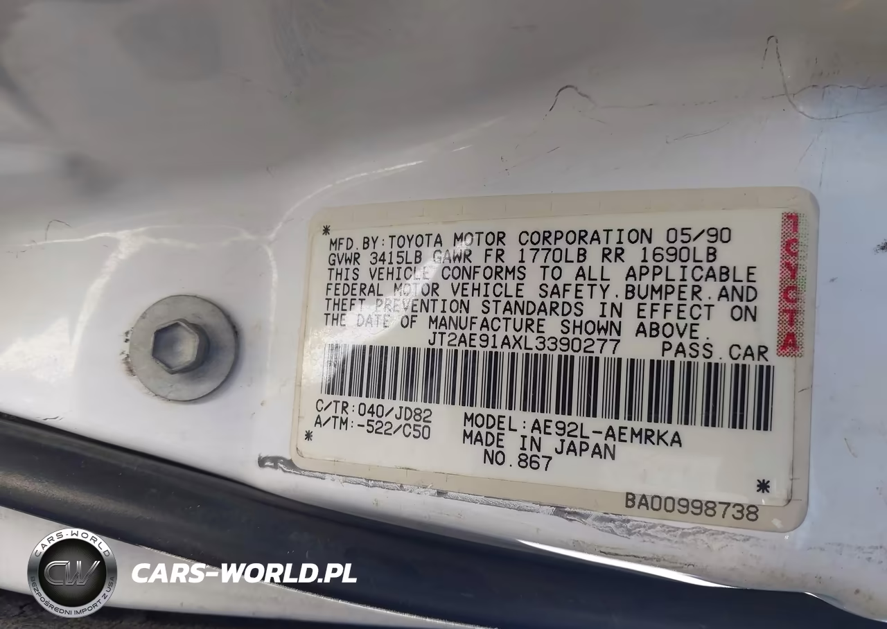 1990 Toyota Corolla VIN:JT2AE91AXL3390277 - 9