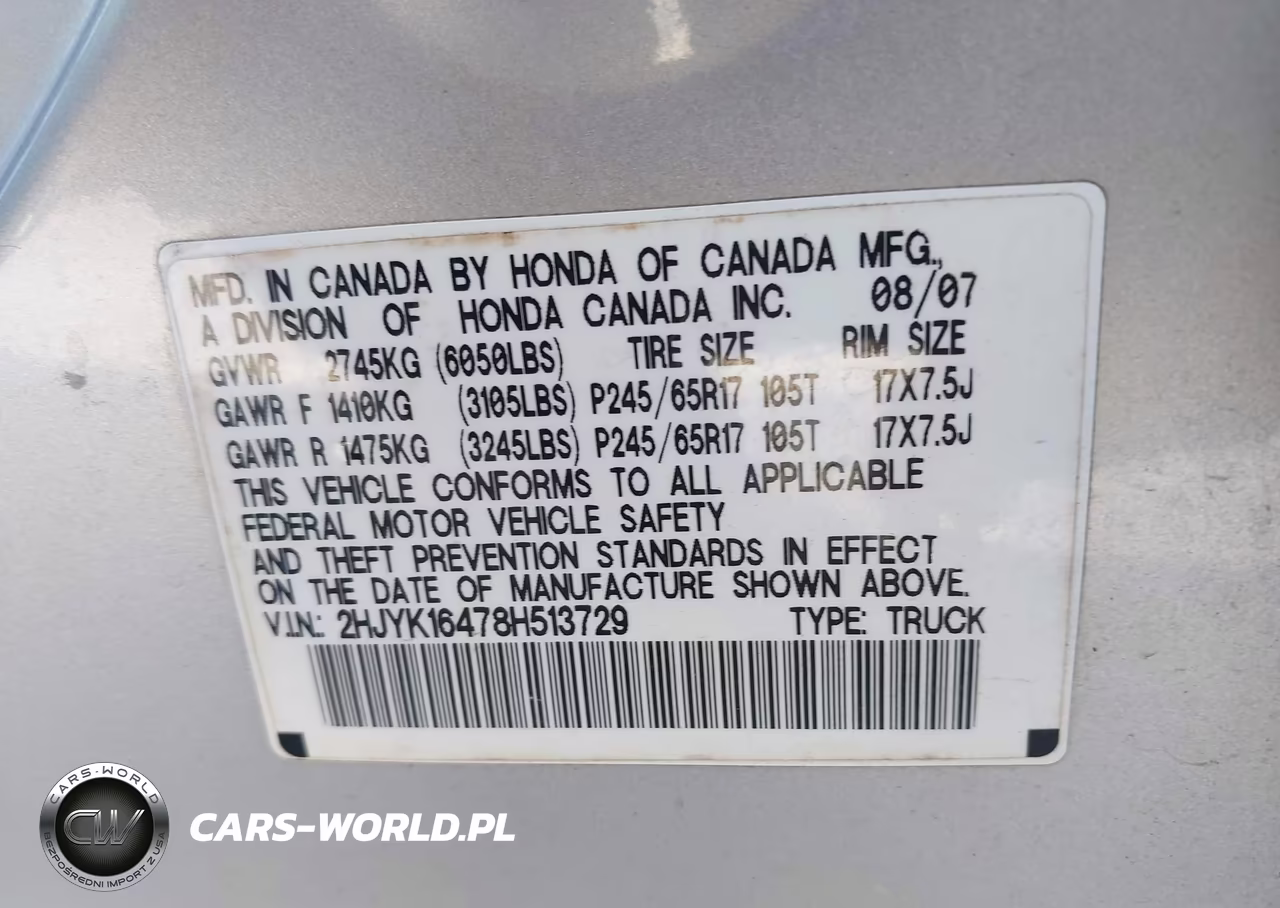 2008 Honda Ridgeline Rts VIN:2HJYK16478H513729 - 9