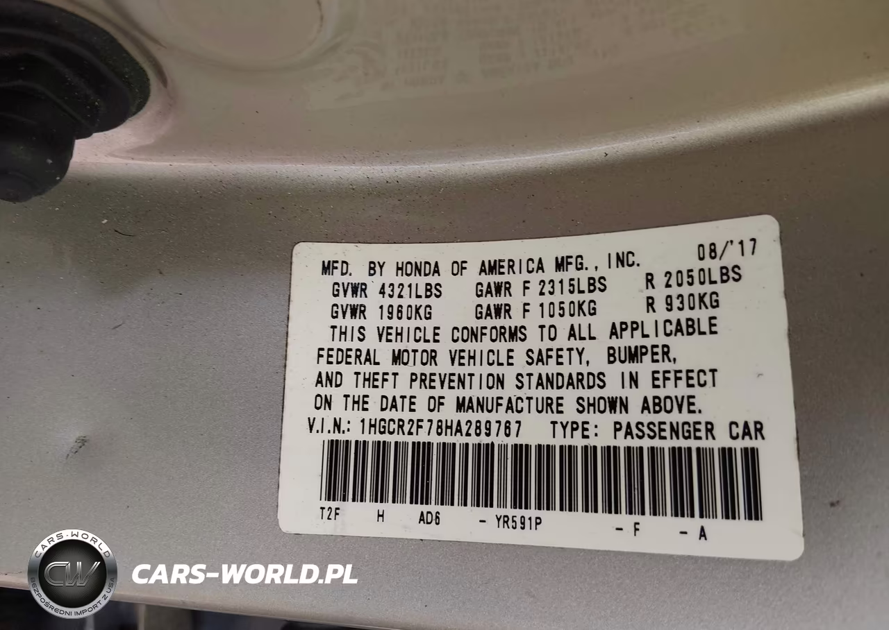 2017 Honda Accord Ex VIN:1HGCR2F78HA289767 - 9