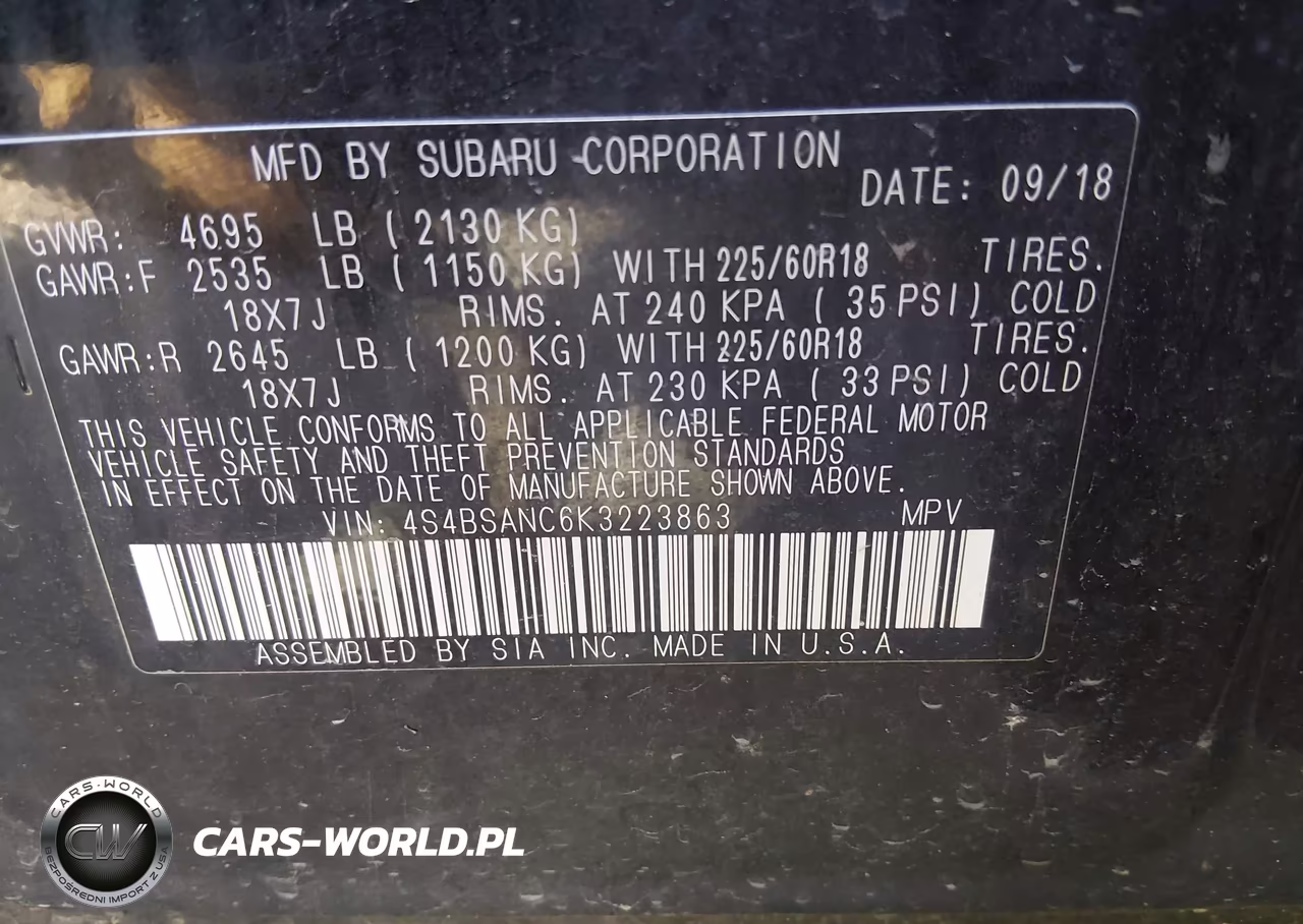 2019 Subaru Outback 2.5I Limited VIN:4S4BSANC6K3223863 - 9