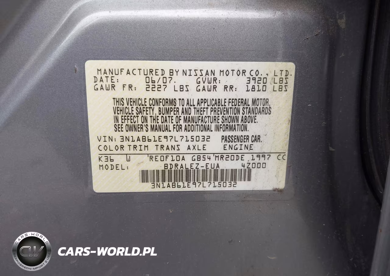 2007 Nissan Sentra 2.0S VIN:3N1AB61E97L715032 - 9