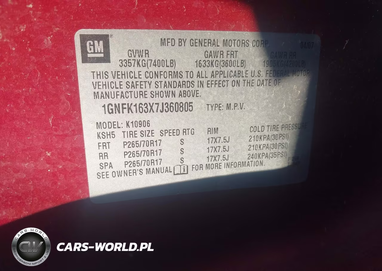 2007 Chevrolet Suburban 1500 Lt VIN:1GNFK163X7J360805 - 9