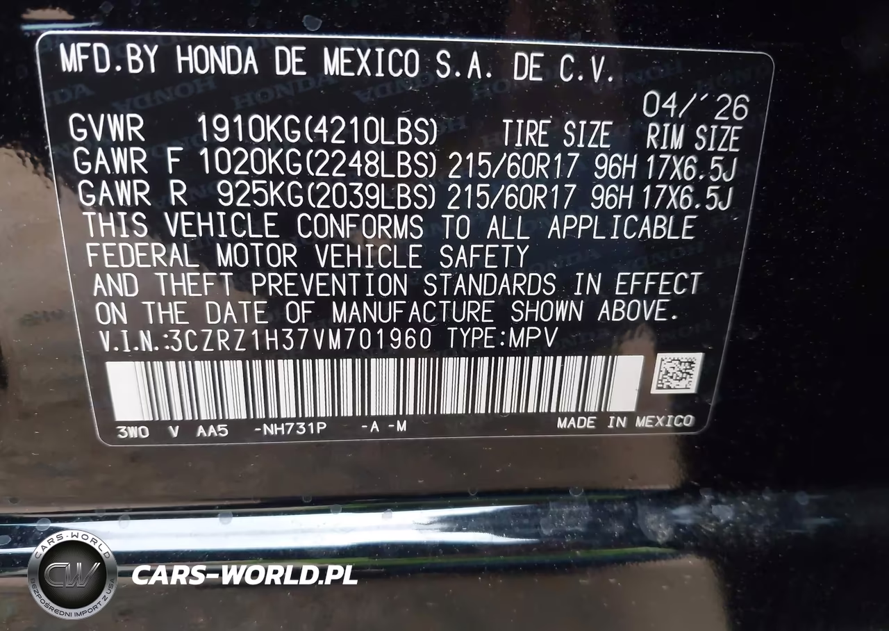 2027 Honda Hr-V Lx 2Wd VIN:3CZRZ1H37VM701960 - 9