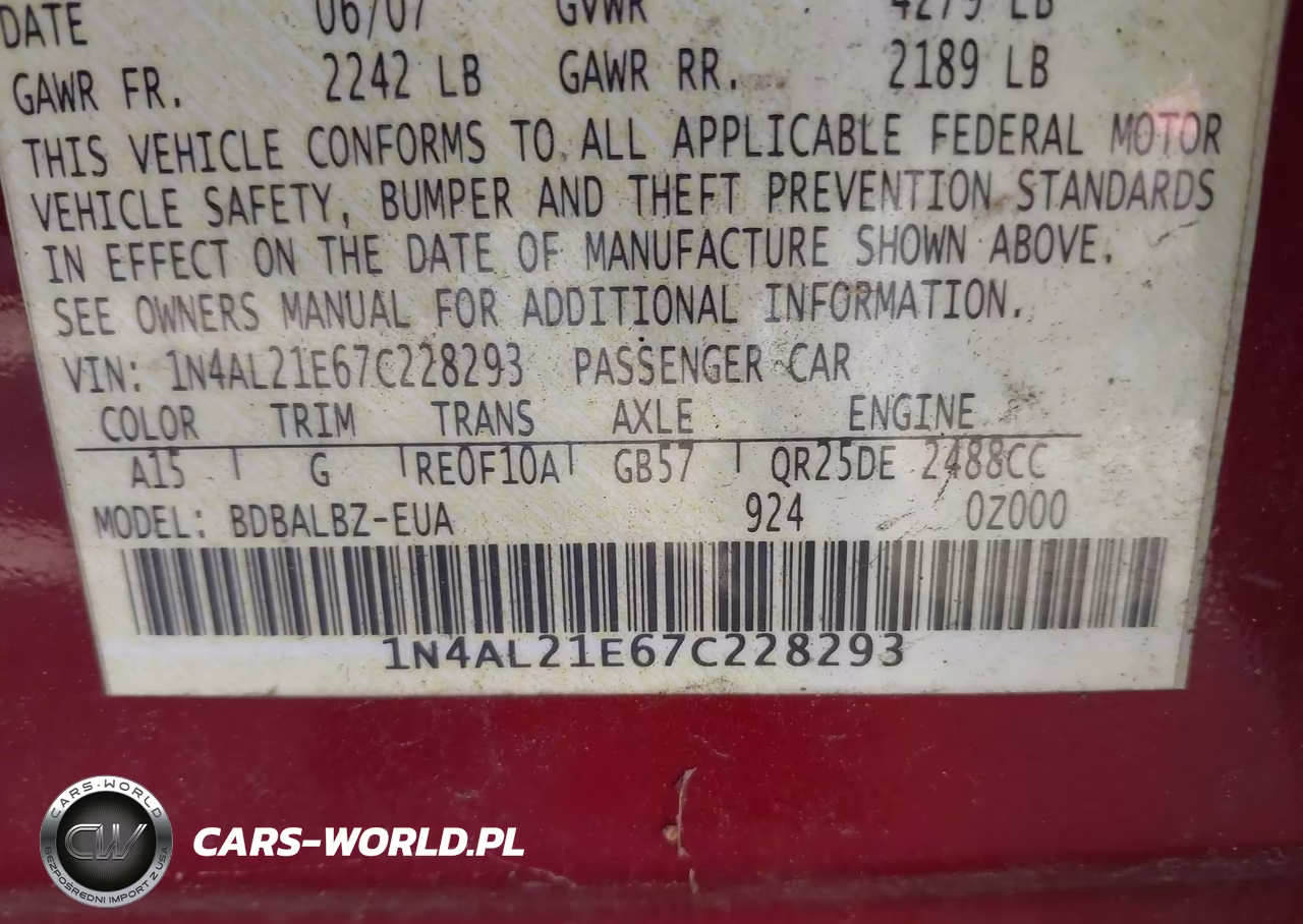 2007 Nissan Altima 2.5 S VIN:1N4AL21E67C228293 - 9