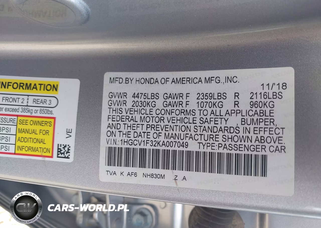 2019 Honda Accord Sport VIN:1HGCV1F32KA007049 - 9