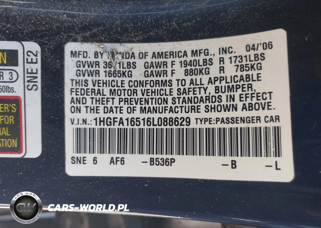 2006 Honda Civic Lx VIN:1HGFA16516L088629 - 9