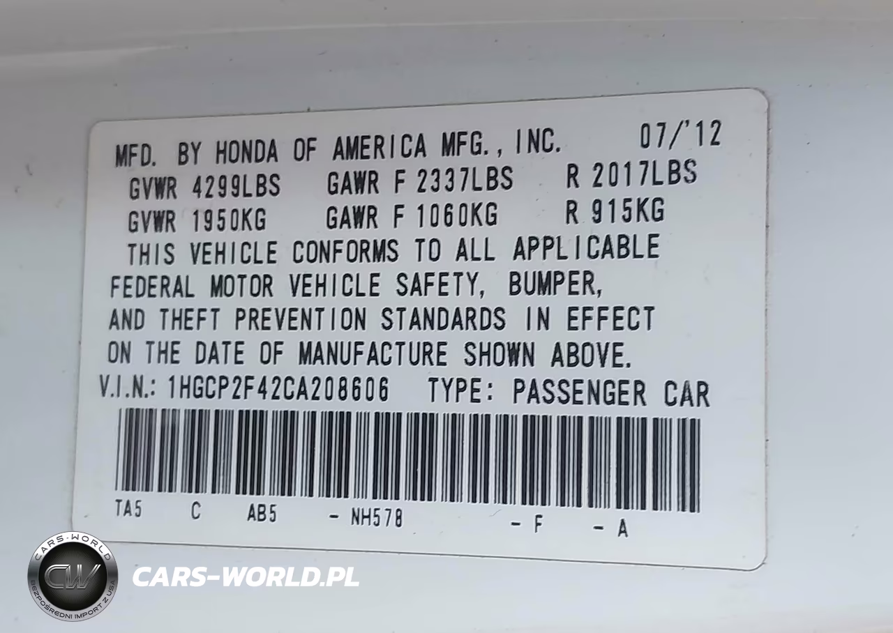 2012 Honda Accord Lxp VIN:1HGCP2F42CA208606 - 9