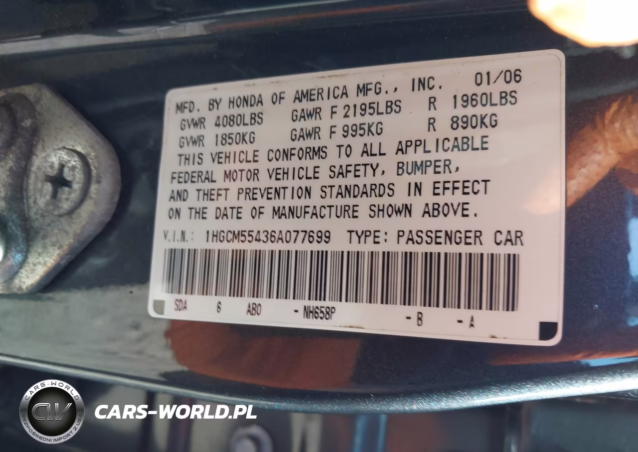 2006 Honda Accord 2.4 Lx VIN:1HGCM55436A077699 - 9