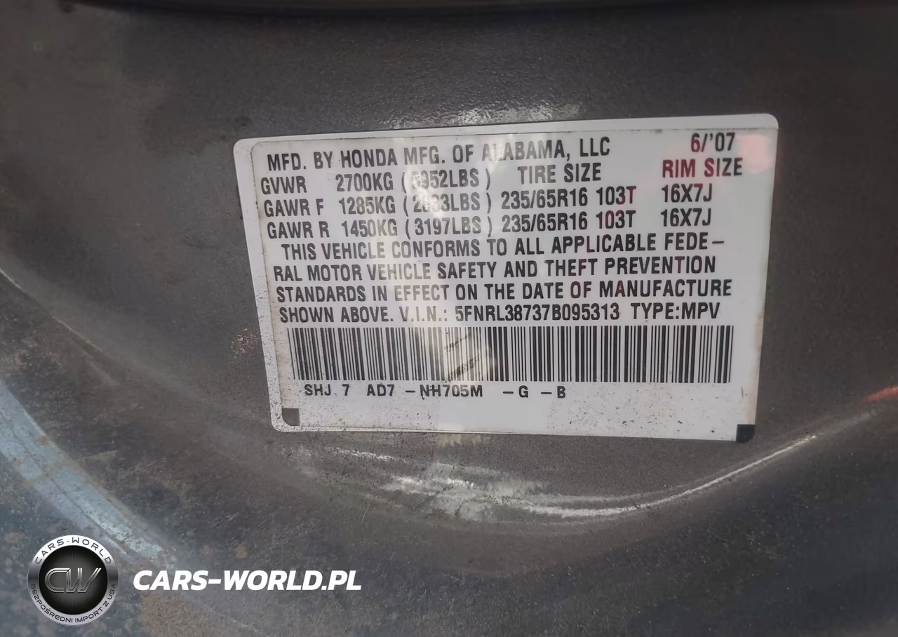 2007 Honda Odyssey Ex-L VIN:5FNRL38737B095313 - 9