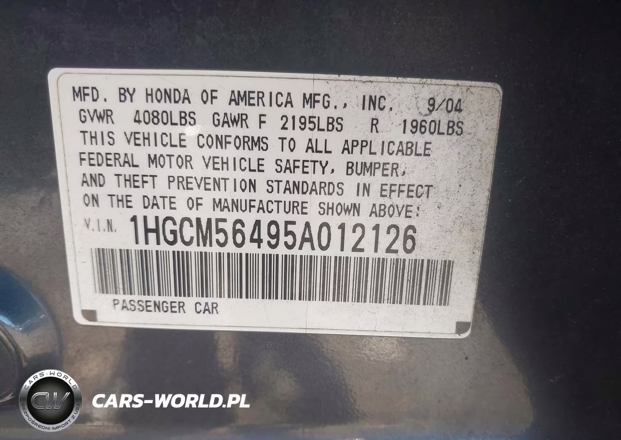 2005 Honda Accord 2.4 Lx VIN:1HGCM56495A012126 - 9